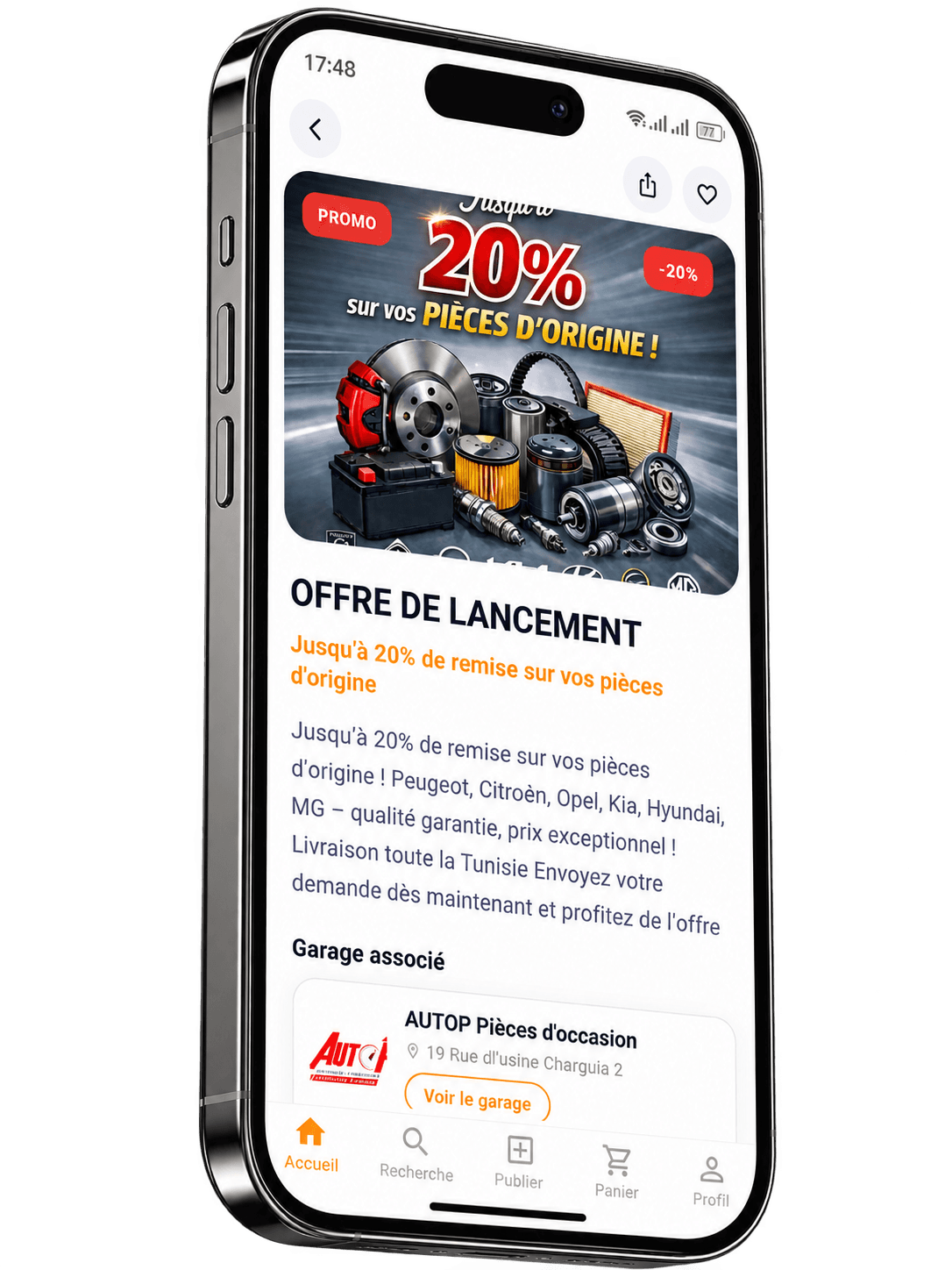 Application Carways : offre de lancement, 20 % sur les pièces d'origine, garage AUTOP