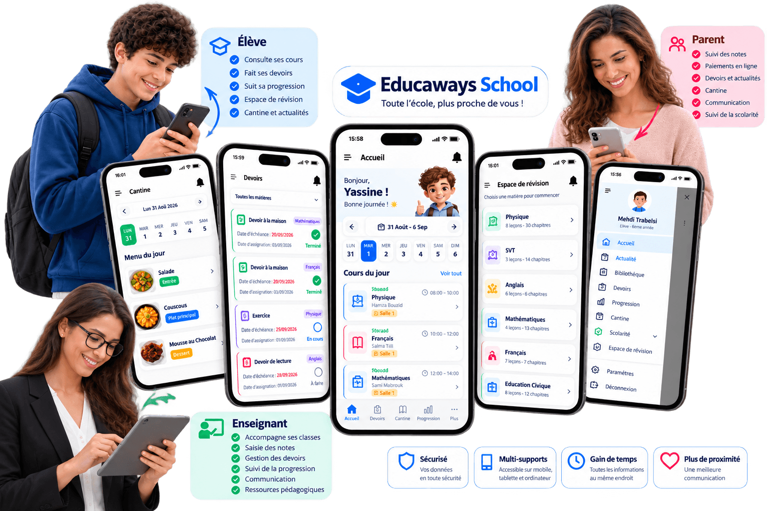 Educaways School — les espaces parent, élève, enseignant et administrateur de l’application