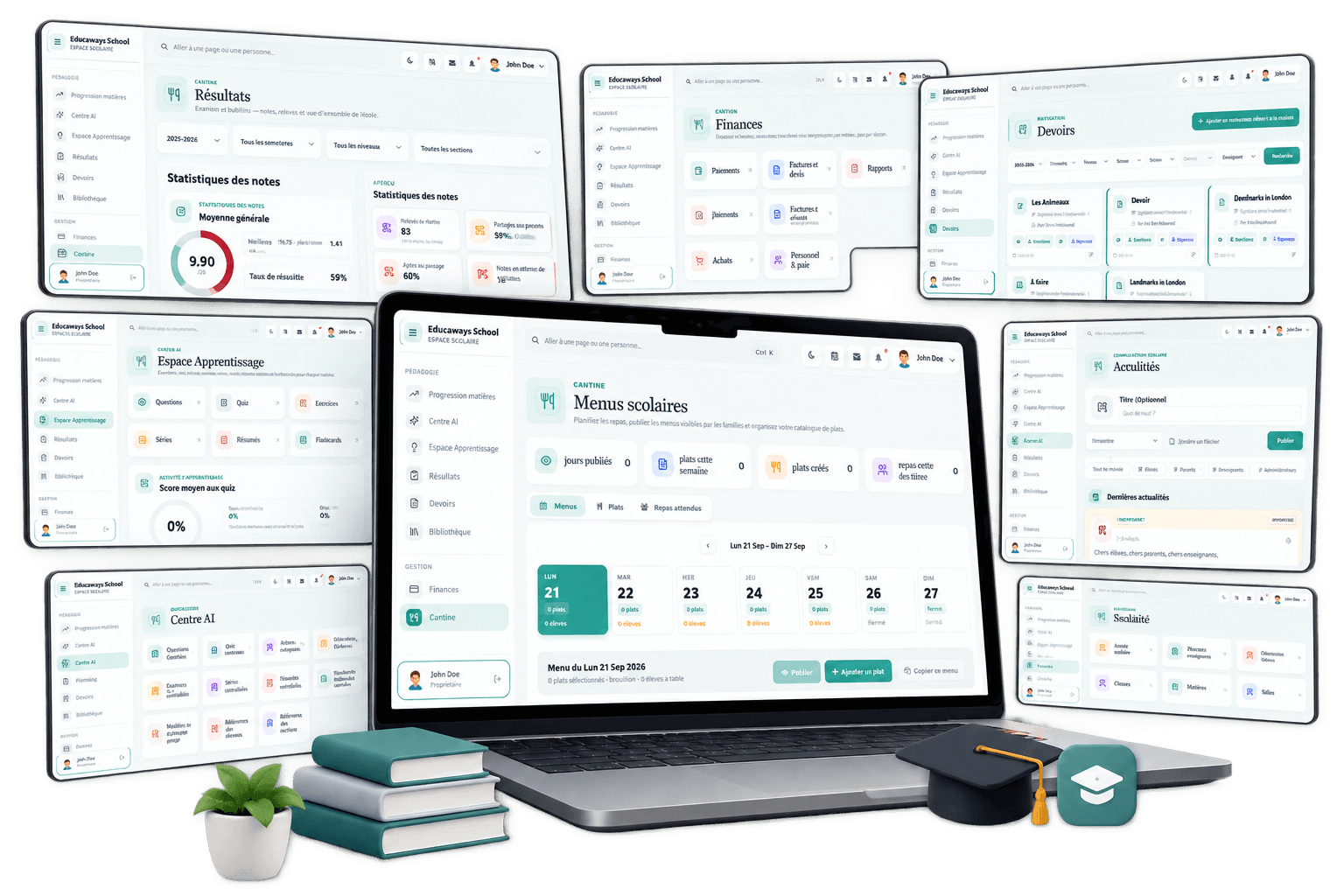 Back-office Educaways School — résultats, finances, menus scolaires, devoirs et scolarité