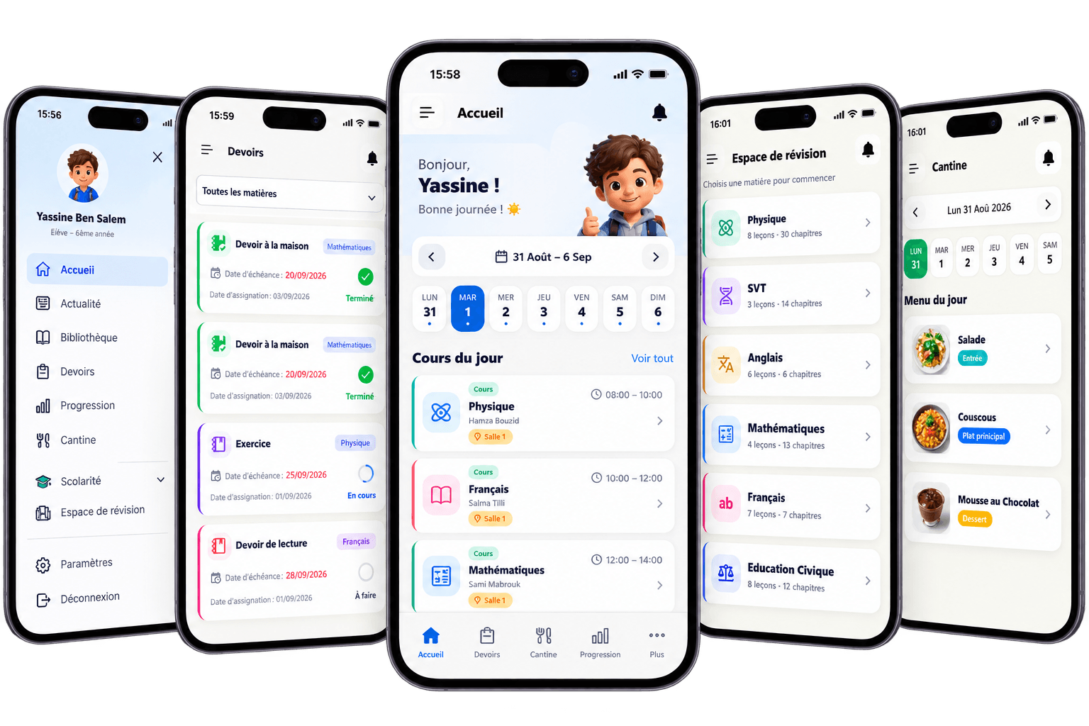Educaways School — application élève : accueil, devoirs, espace de révision et cantine sur 5 écrans