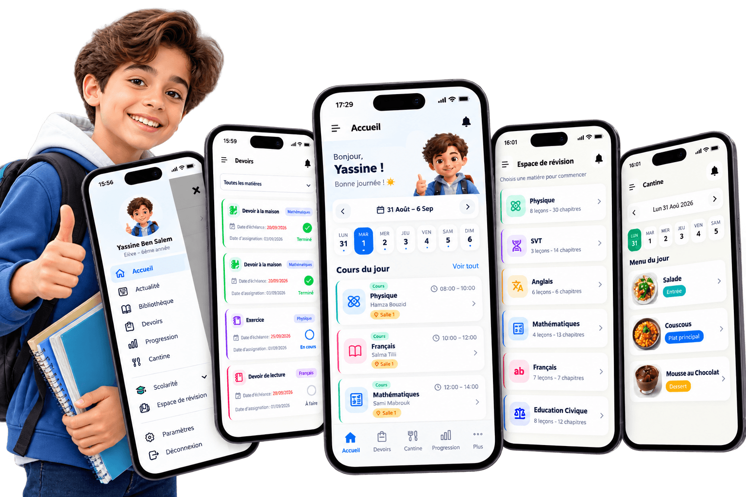Écrans élève de l’application mobile Educaways School : accueil, devoirs, espace de révision et cantine