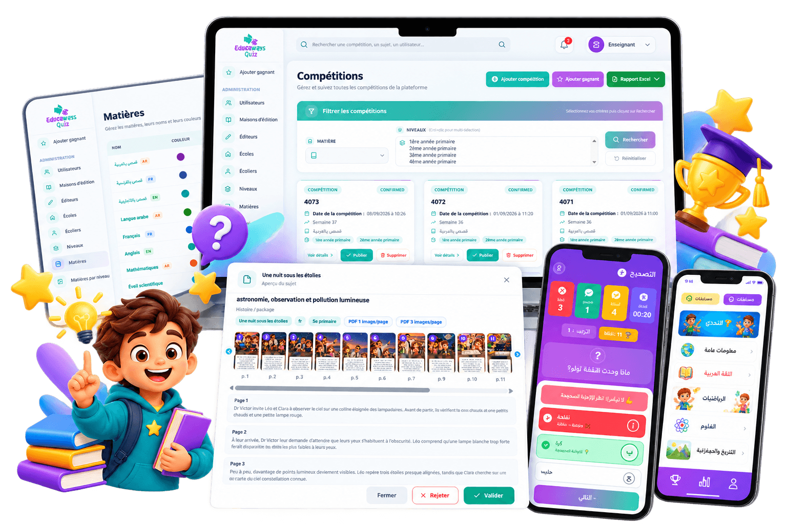 Espace administrateur Educaways Quiz : liste des compétitions sur ordinateur, validation d’un sujet, matières sur tablette et application mobile
