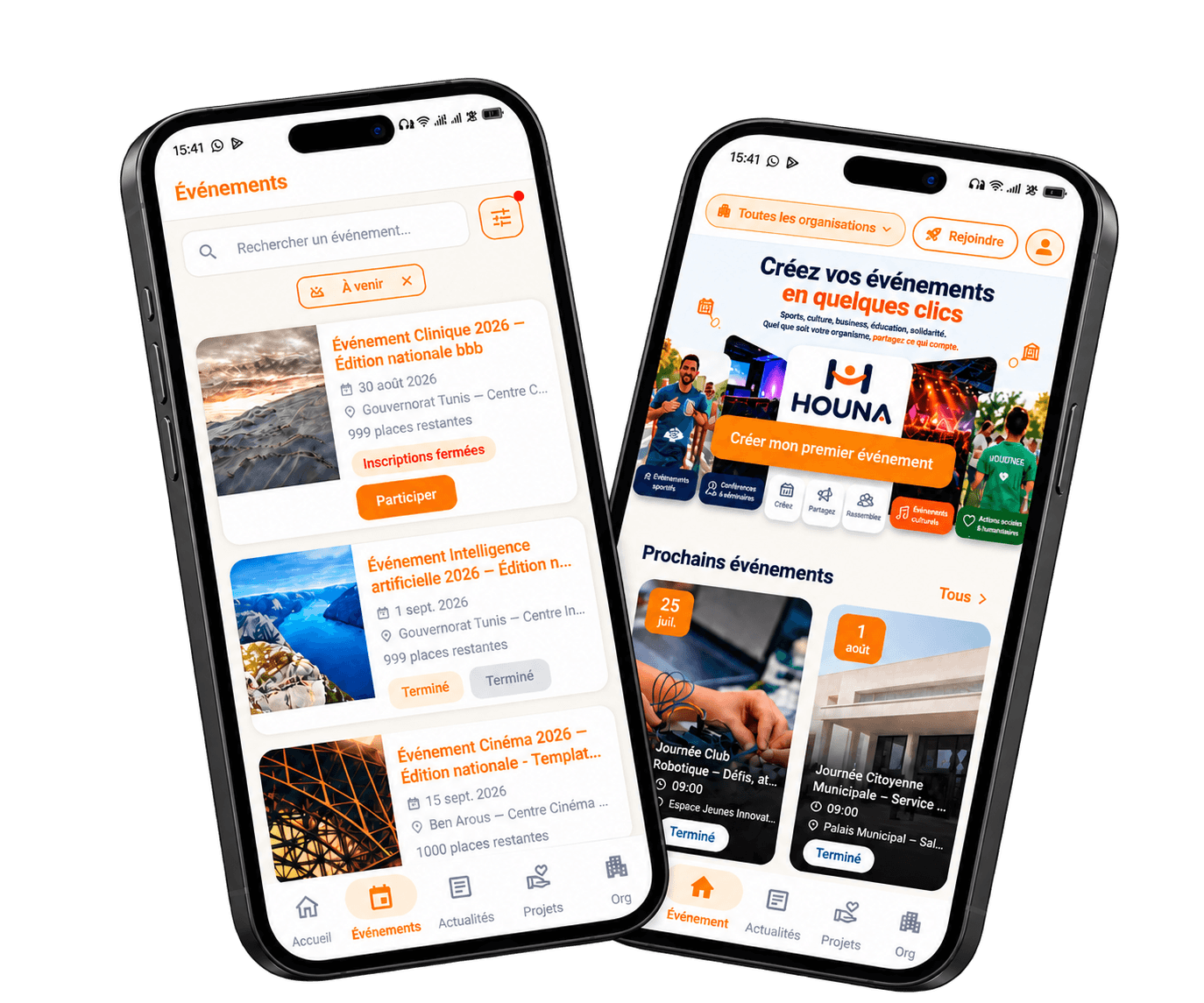 Application mobile Houna : liste des événements et page d'accueil d'une organisation