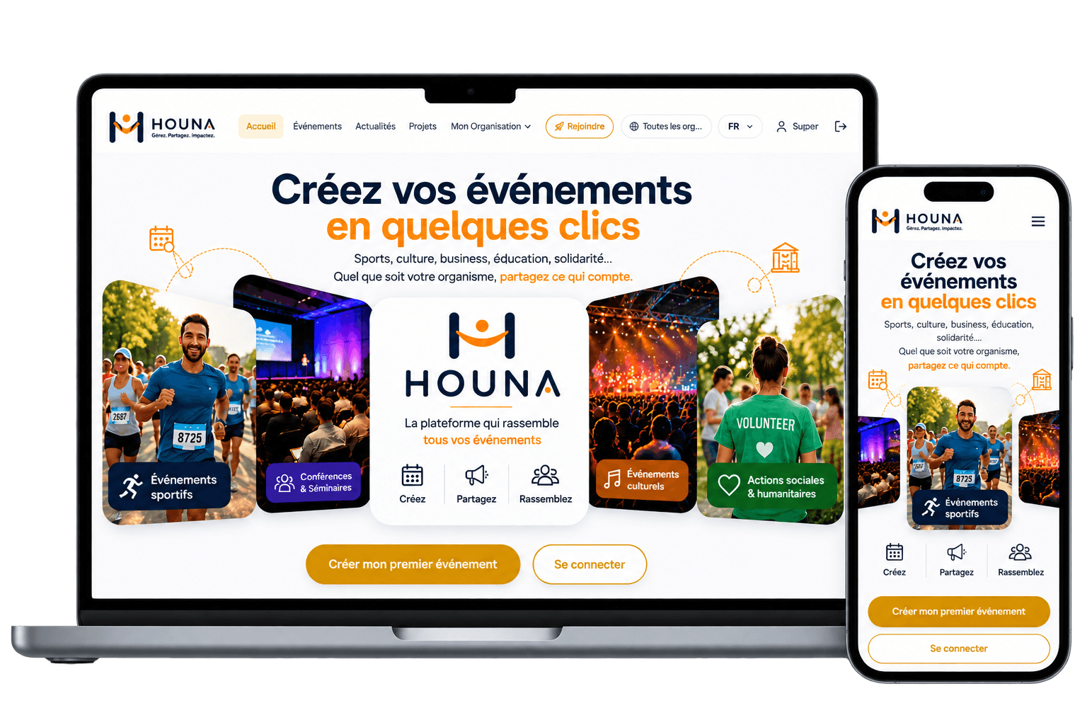 Page publique d'une organisation Houna sur ordinateur et sur mobile