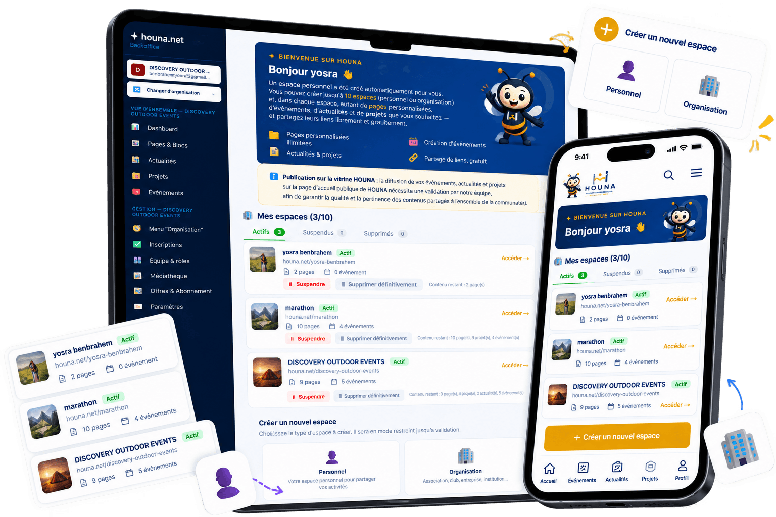 Back office Houna : espaces d'organisation, pages et blocs