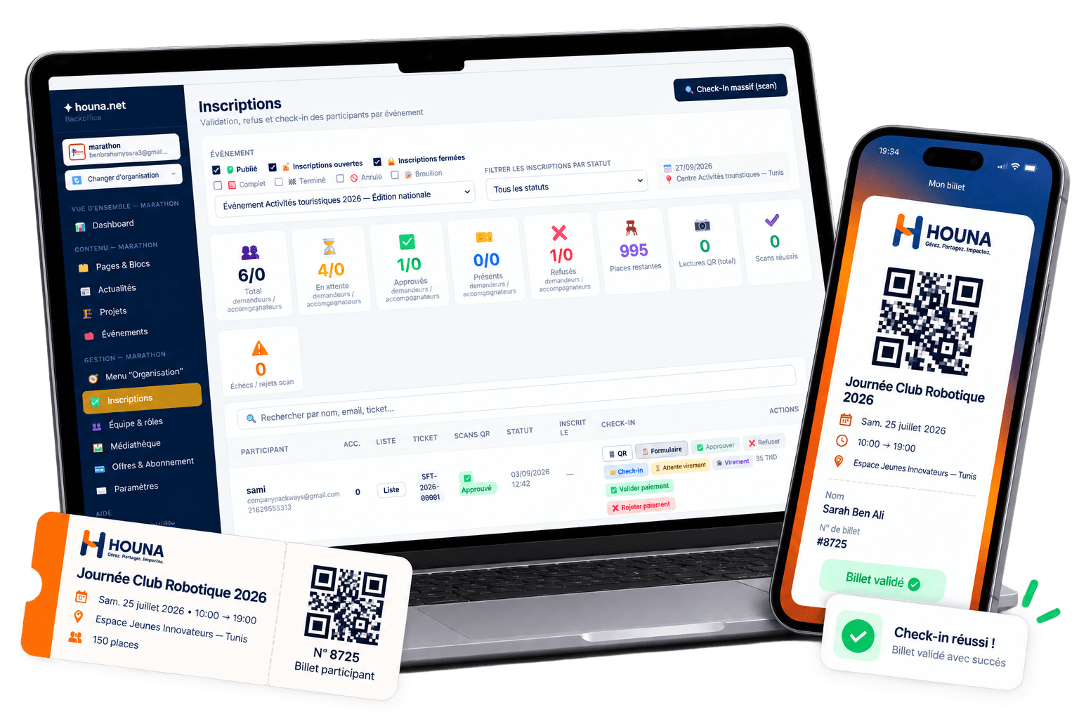 Back office Houna : inscriptions, billet QR du participant et confirmation de check-in