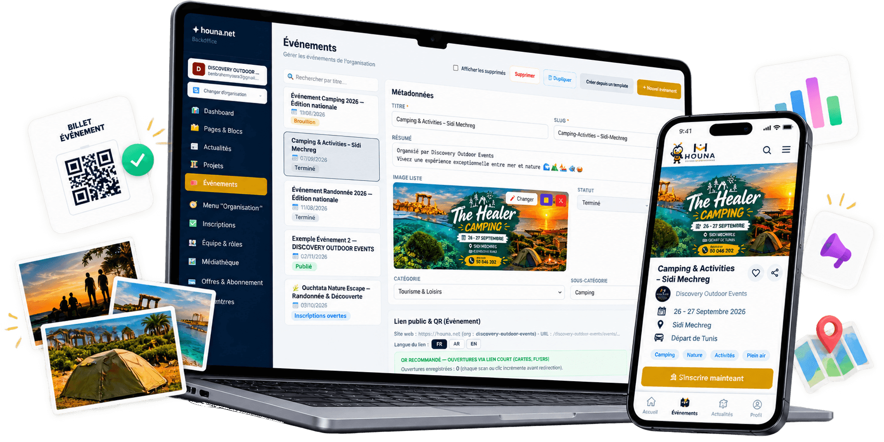 Back office Houna : création et gestion d'un événement, avec sa fiche publique sur mobile