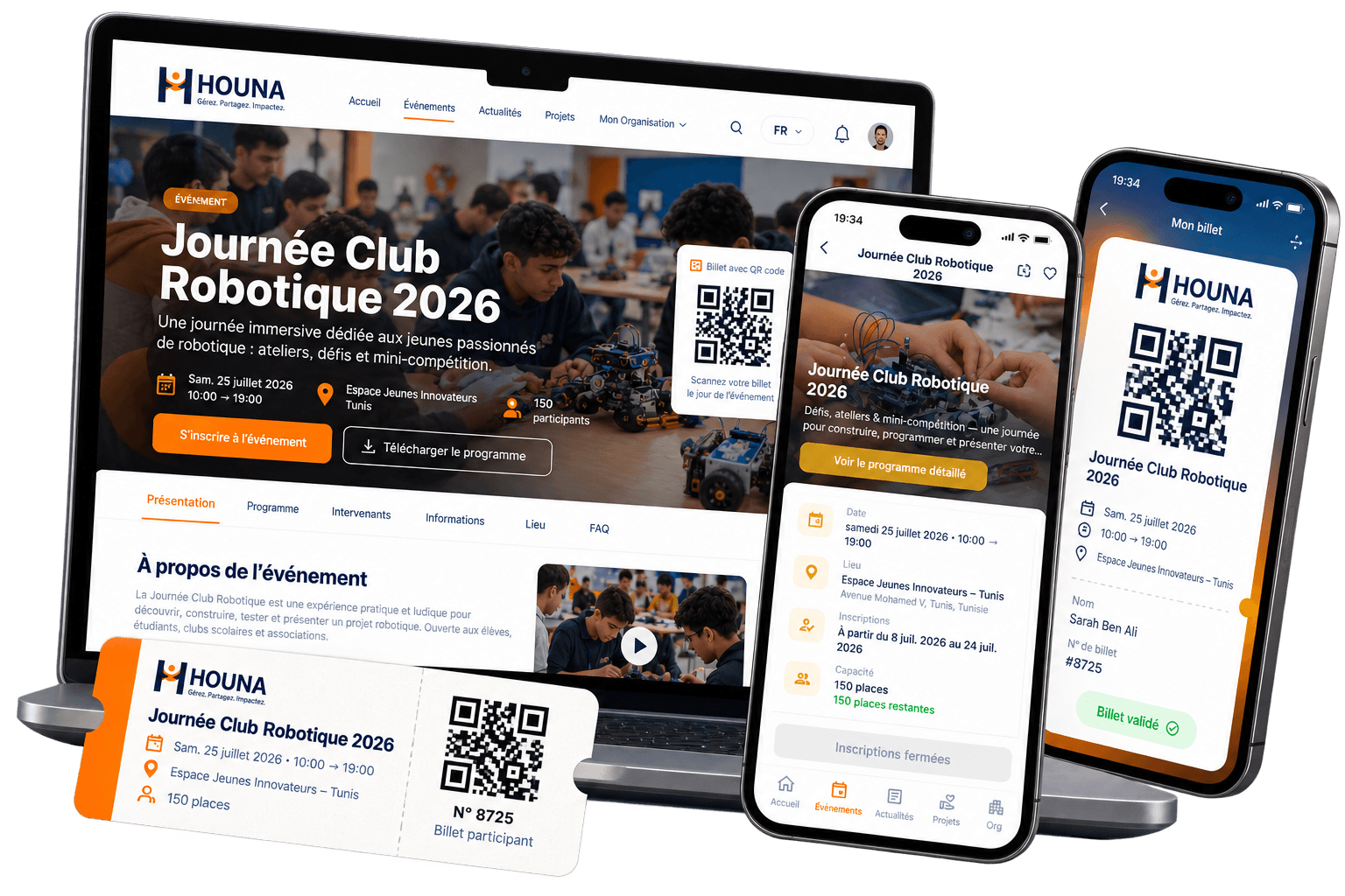 Fiche événement Houna sur ordinateur et mobile, avec le billet QR du participant