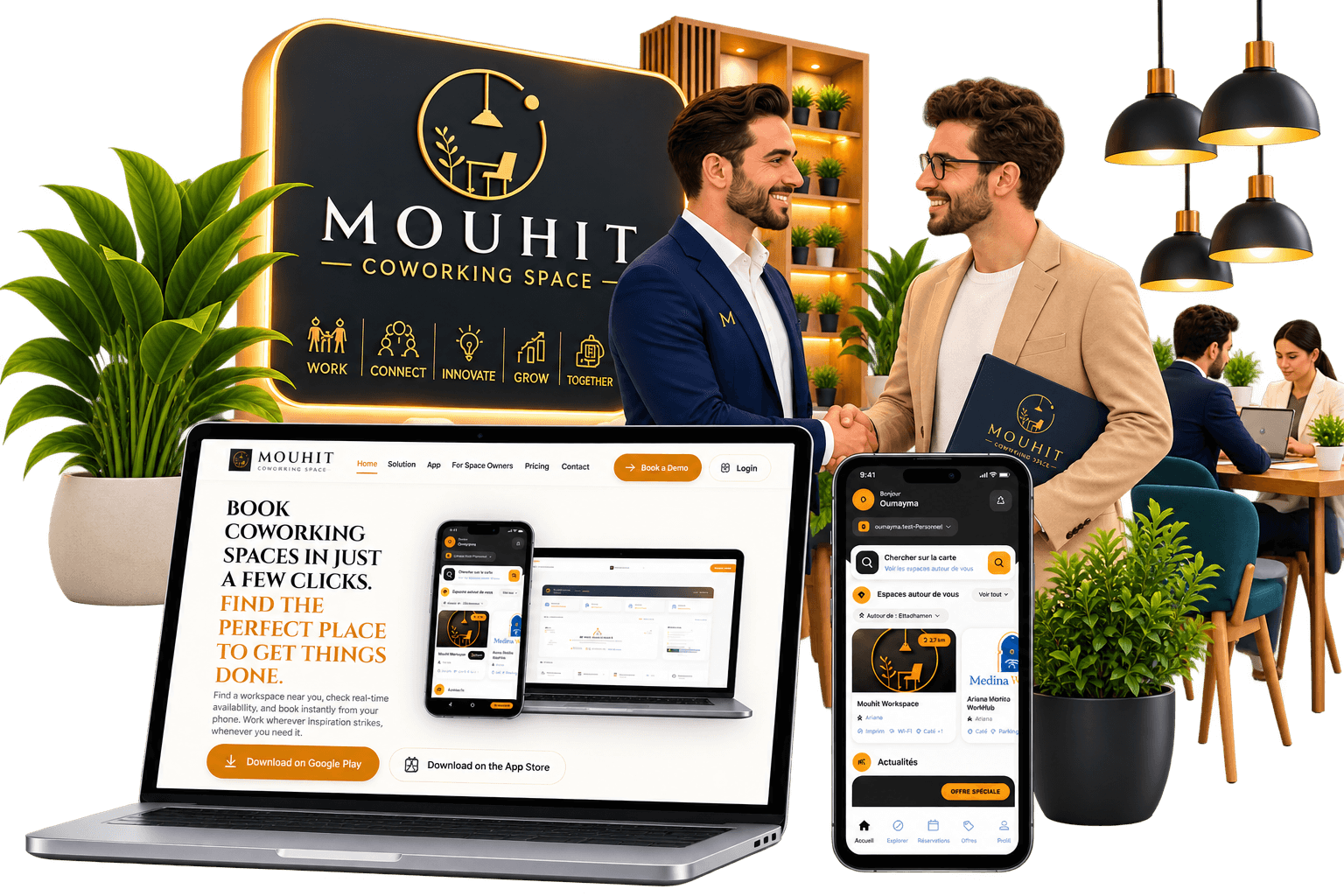 Back-office Mouhit sur ordinateur et application mobile, dans un espace de coworking