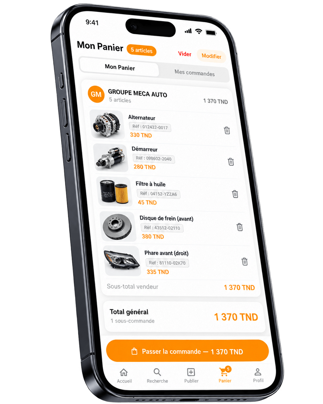 Application Carways : panier avec plusieurs pièces