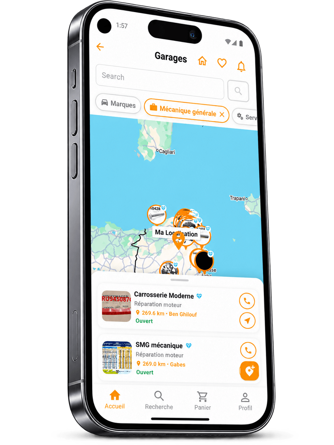Application Carways : recherche de garages sur une carte, avec filtre mécanique générale et fiches à proximité