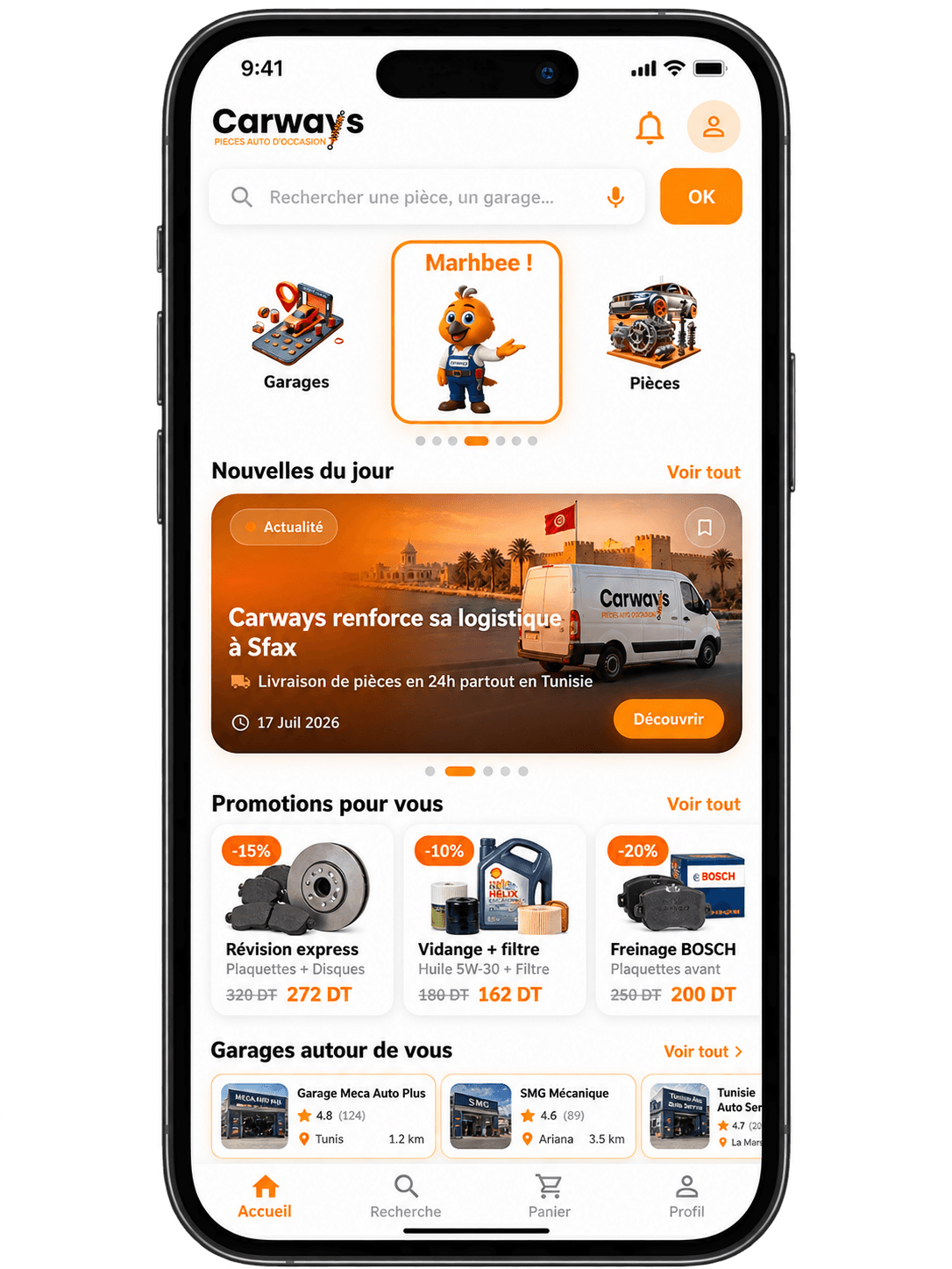 Application Carways : accueil avec recherche, actualités, promotions et garages à proximité