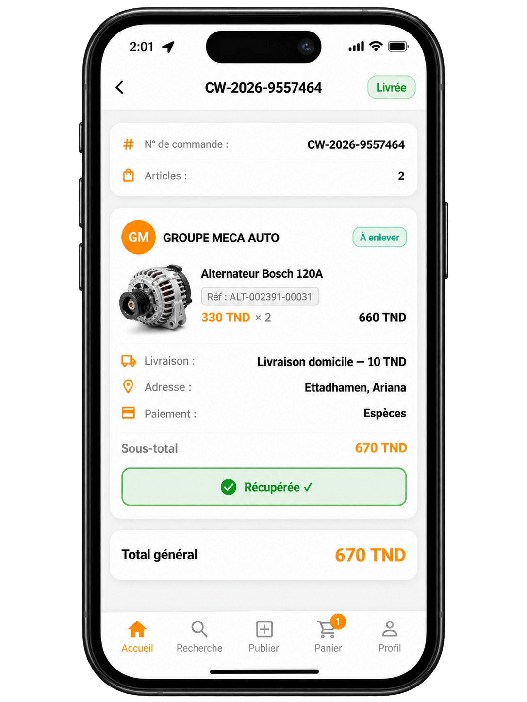 Application Carways : détail d’une commande livrée avec livraison, adresse et paiement