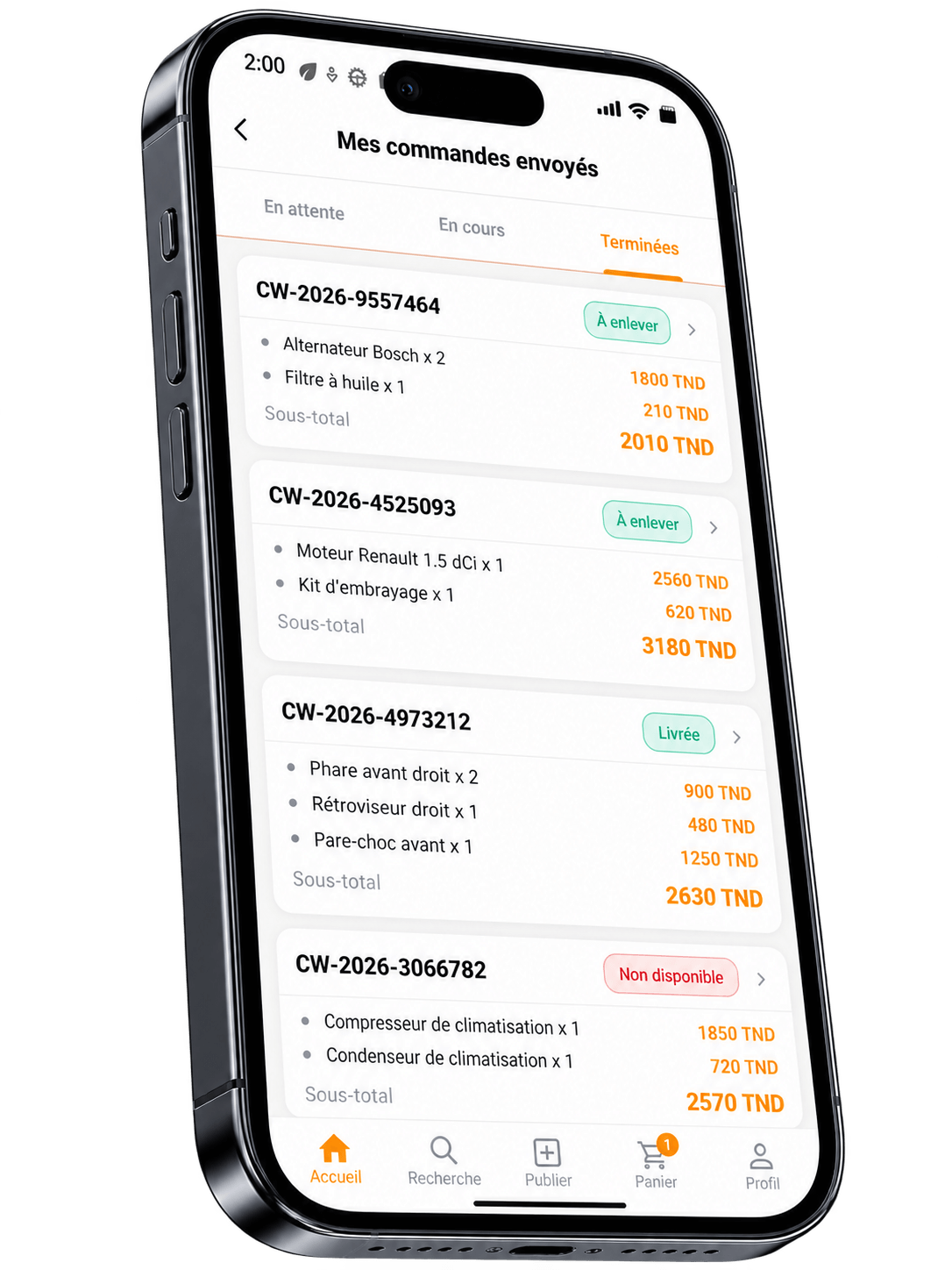Application Carways : liste des commandes envoyées et leur statut