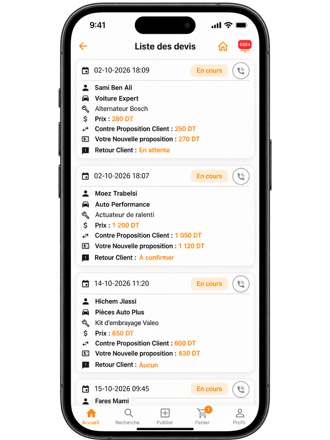 Application Carways : liste des devis reçus avec prix et contre-propositions