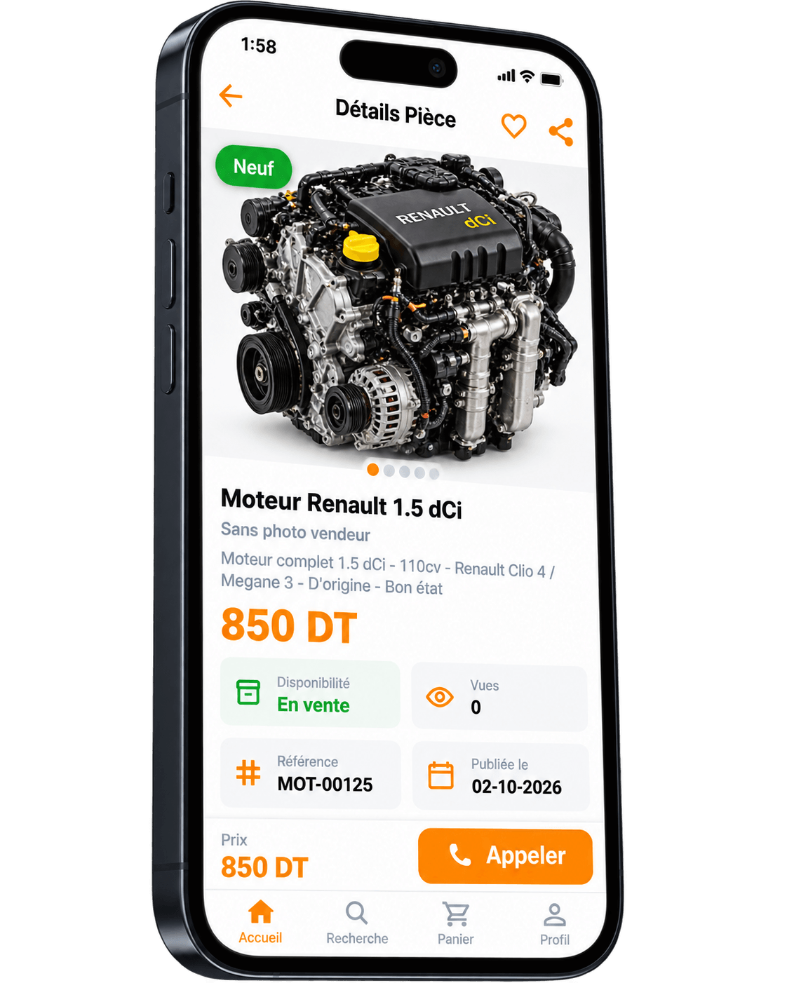 Application Carways : détail d’une pièce, moteur Renault 1.5 dCi