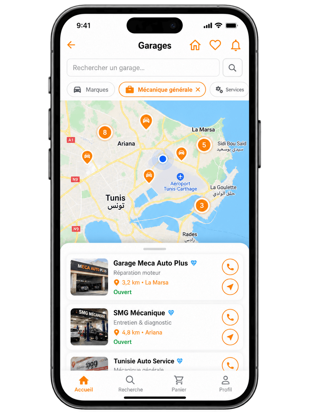 Application Carways : carte des garages autour de Tunis avec filtres et fiches
