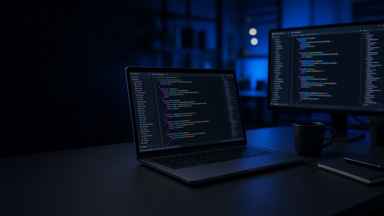 Ordinateur portable et écran affichant du code dans un environnement de développement