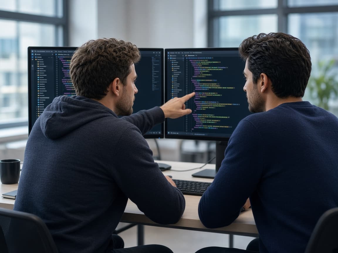 Deux ingénieurs Dotways analysant du code sur deux écrans dans un bureau lumineux
