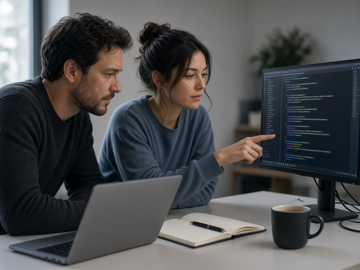 Deux ingénieurs Dotways analysant du code ensemble devant un écran