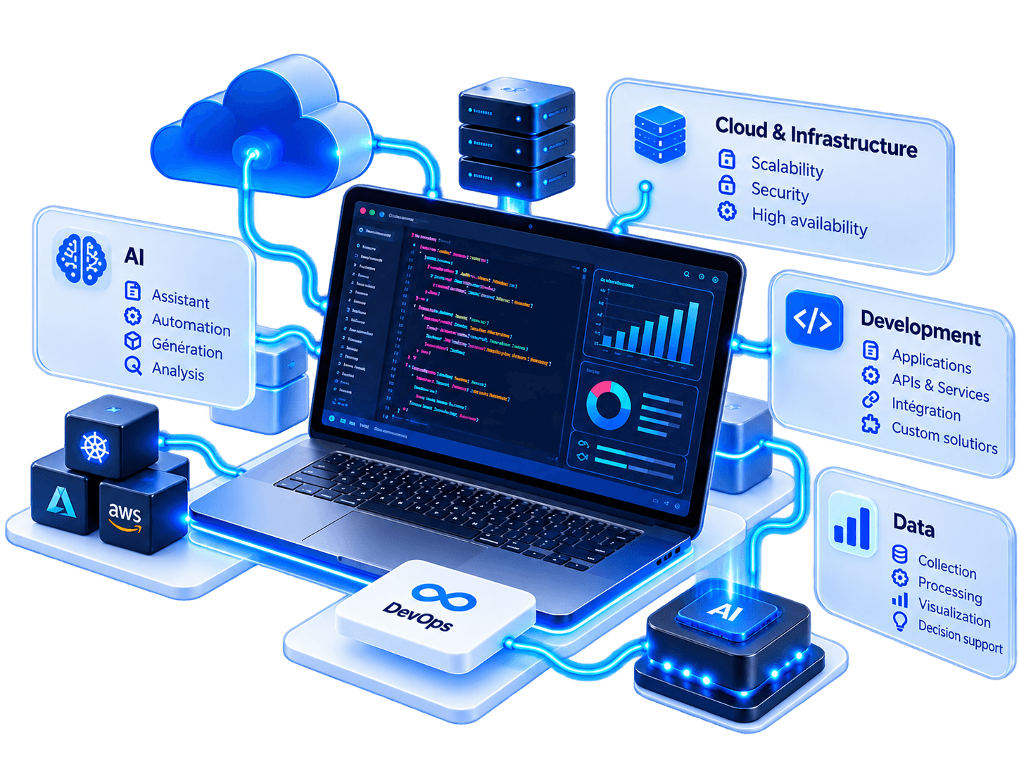 Neon illustration of a laptop connected to AI, cloud infrastructure, DevOps, development, and data
