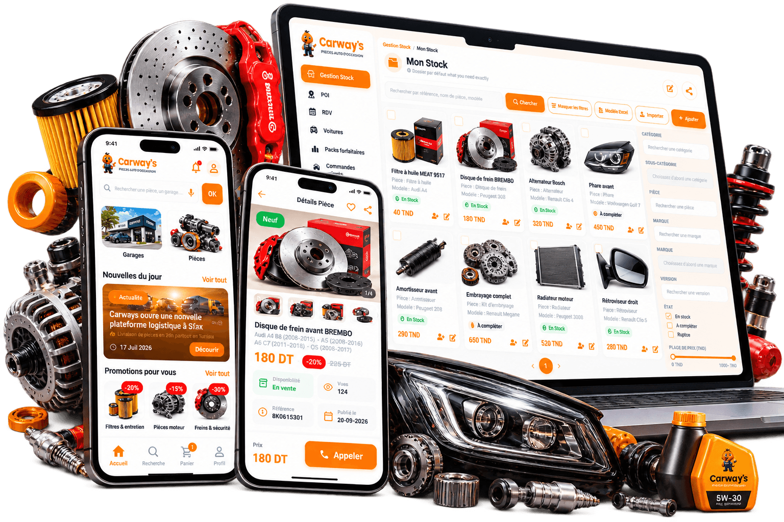 Back-office Carways, écran Mon Stock, avec l’application mobile et des pièces automobiles