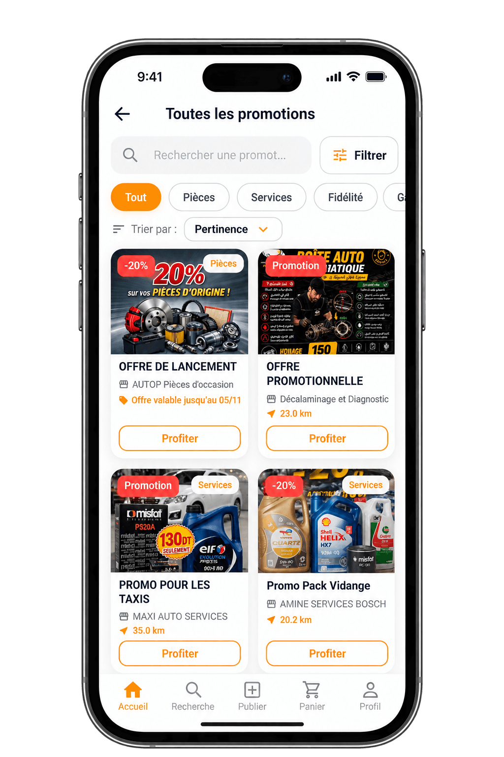 Application Carways : liste des promotions et offres, avec recherche et filtres