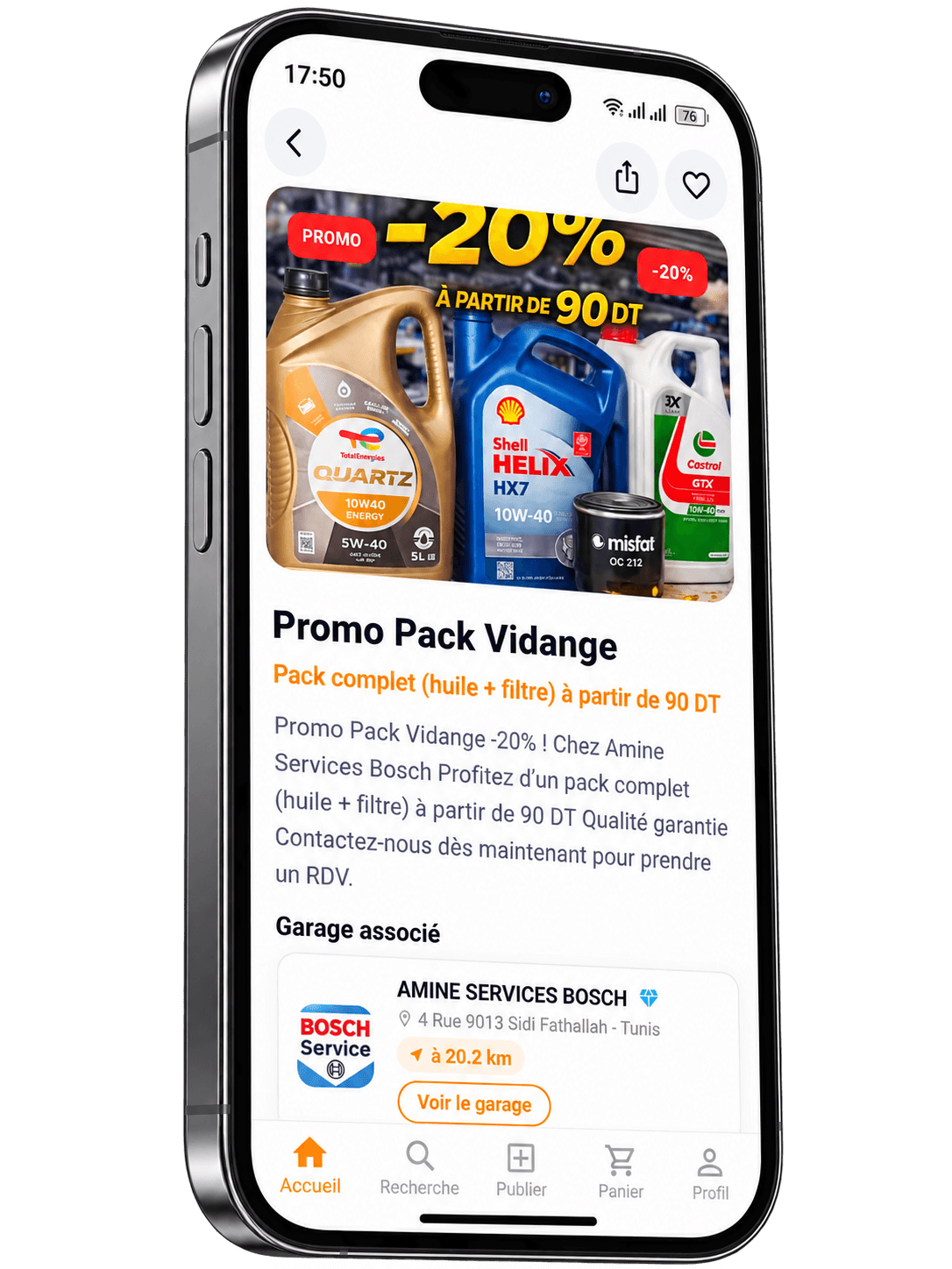 Application Carways : promo pack vidange, huile et filtre à partir de 90 DT, garage Amine Services Bosch