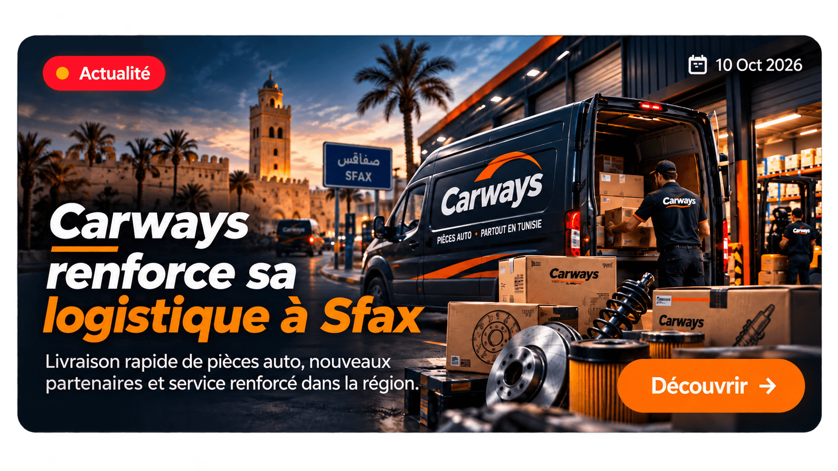Actualité du 10 octobre 2026 : Carways renforce sa logistique à Sfax, livraison de pièces auto et nouveaux partenaires