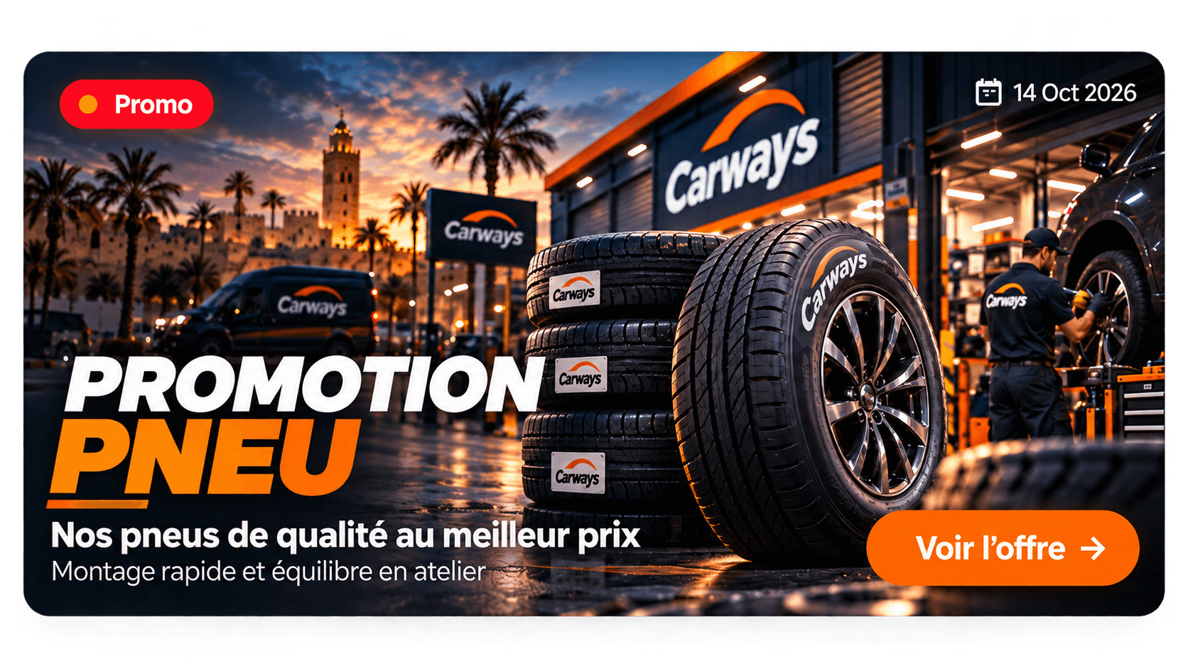 Promo du 14 octobre 2026 : promotion pneu, pneus de qualité au meilleur prix, montage et équilibrage