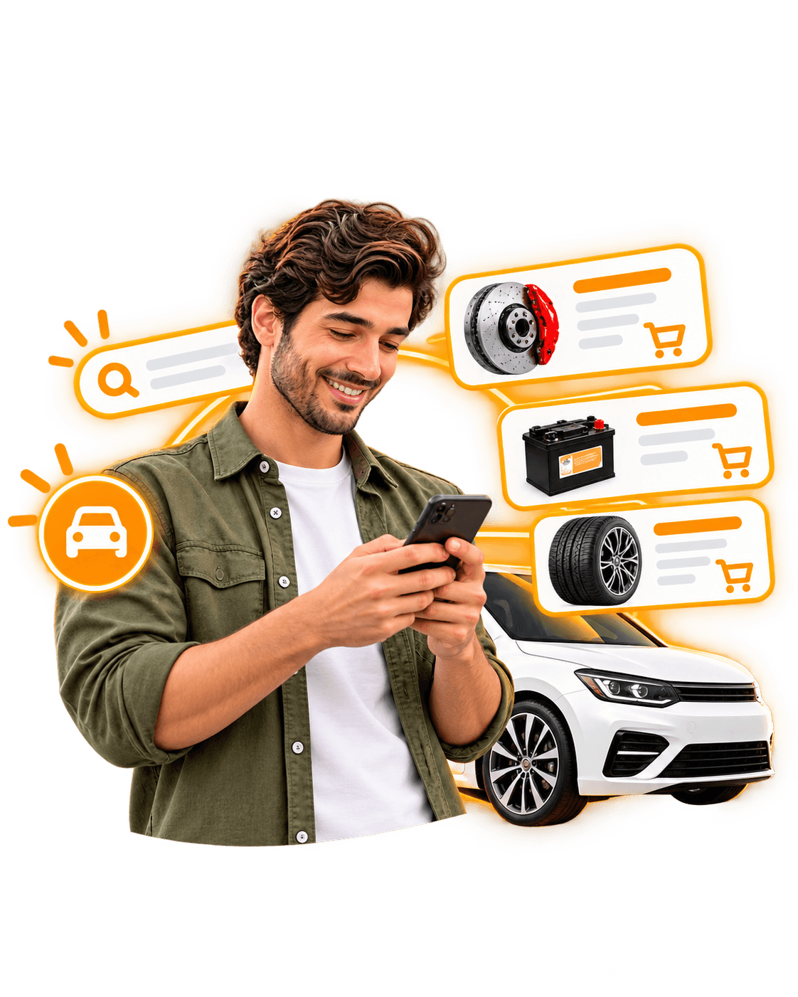 Automobiliste consultant une pièce sur son téléphone, à côté de son véhicule
