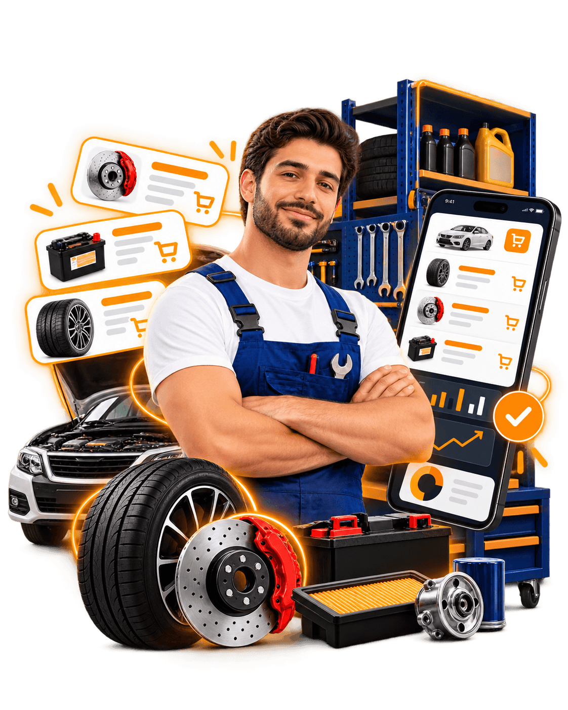 Professionnel de garage devant son atelier, avec l'application Carways