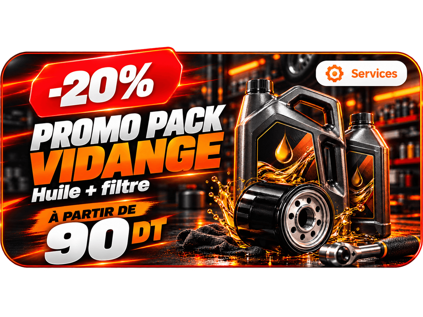 Promo pack vidange, huile et filtre, −20 %, à partir de 90 DT