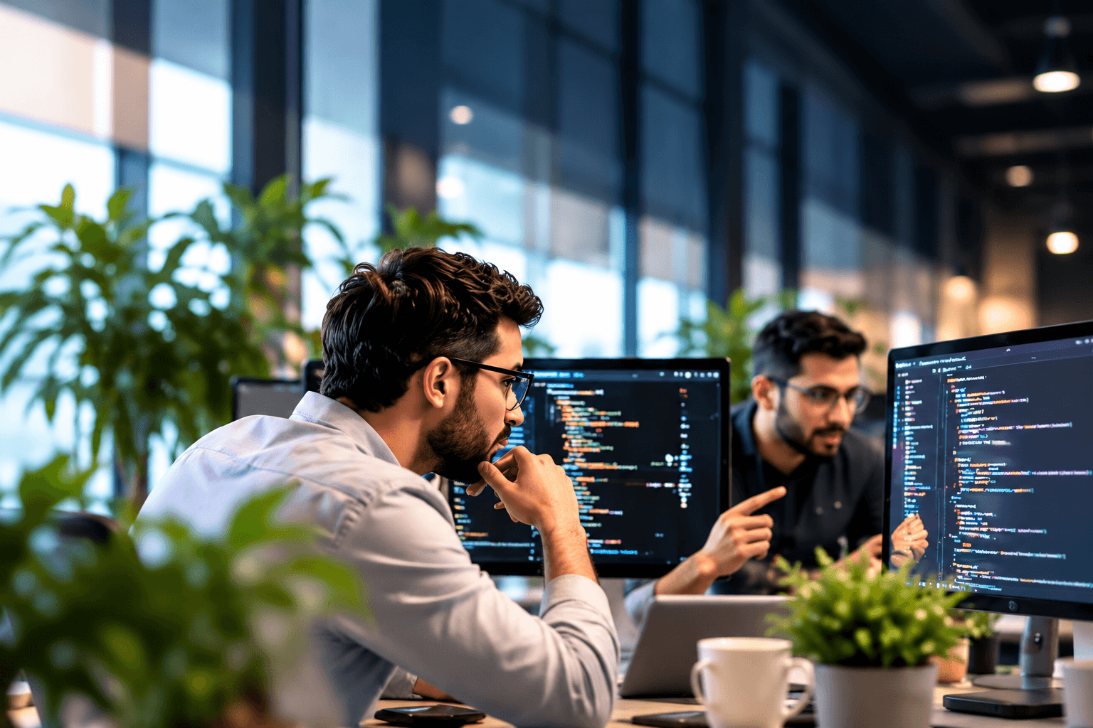 Deux ingénieurs logiciels analysant du code ensemble sur deux écrans, dans un bureau lumineux