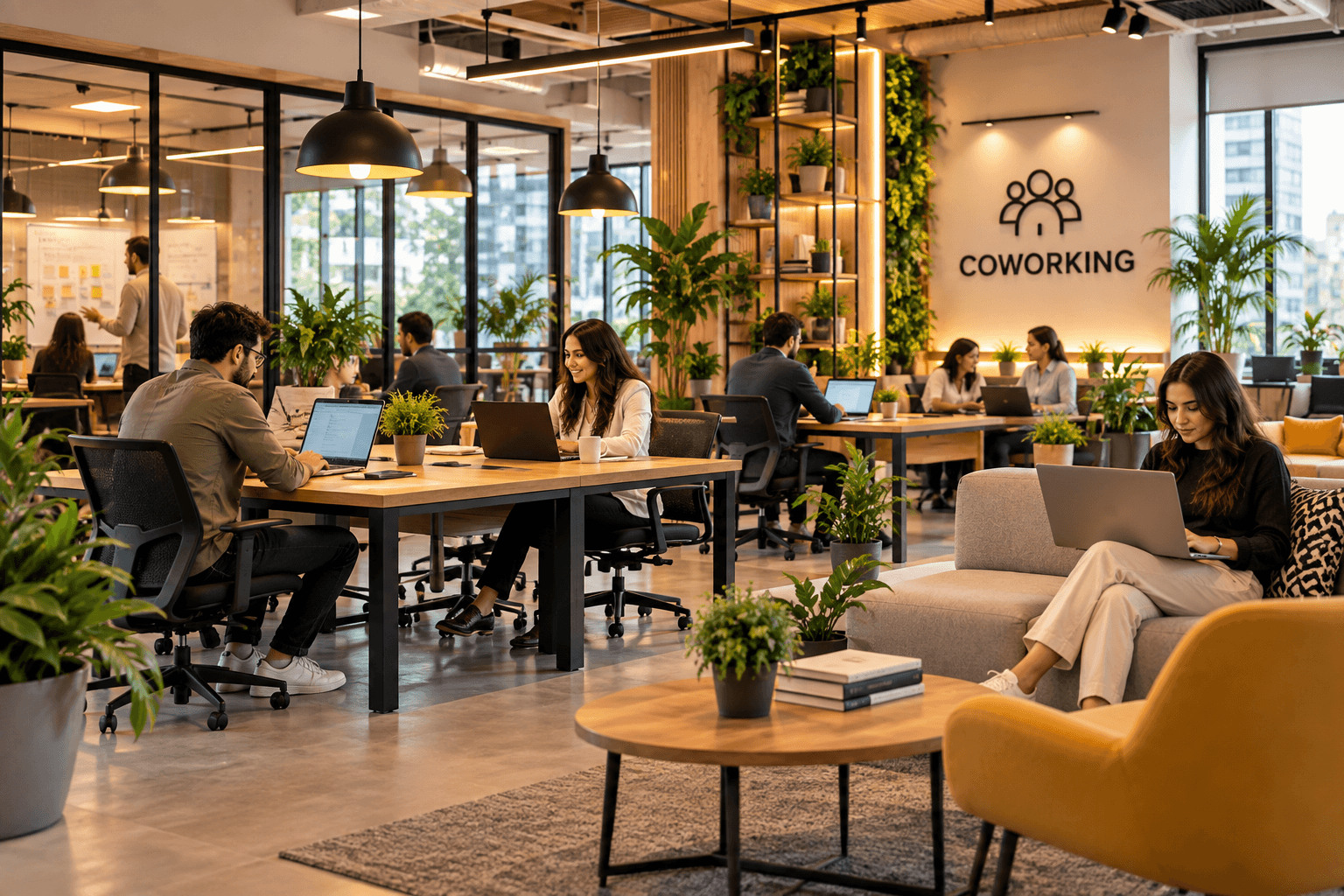 Espace de coworking lumineux avec tables partagées et plantes